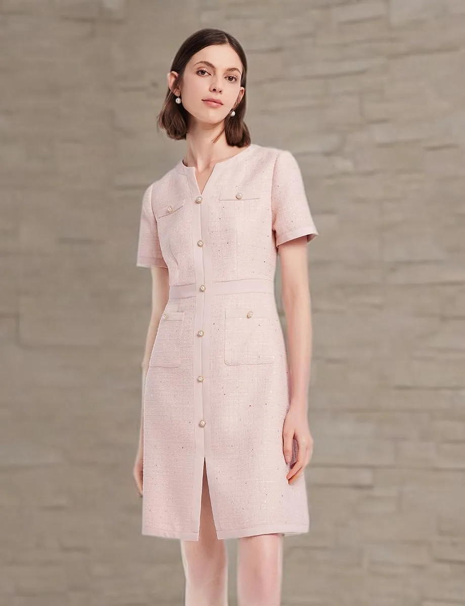 Summer Tweed Dresses for Women Short Sleeve A-Line Mini Crew Neck Lace Elegant Dress Casual Daily