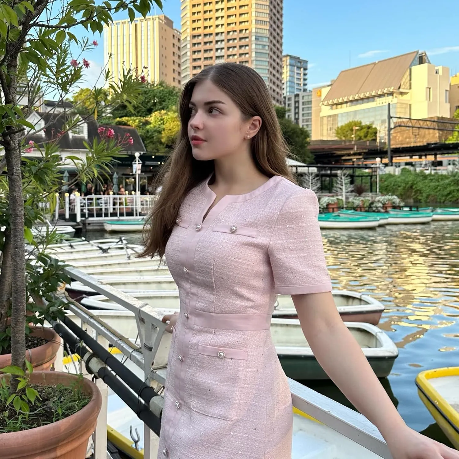 Summer Tweed Dresses for Women Short Sleeve A-Line Mini Crew Neck Lace Elegant Dress Casual Daily