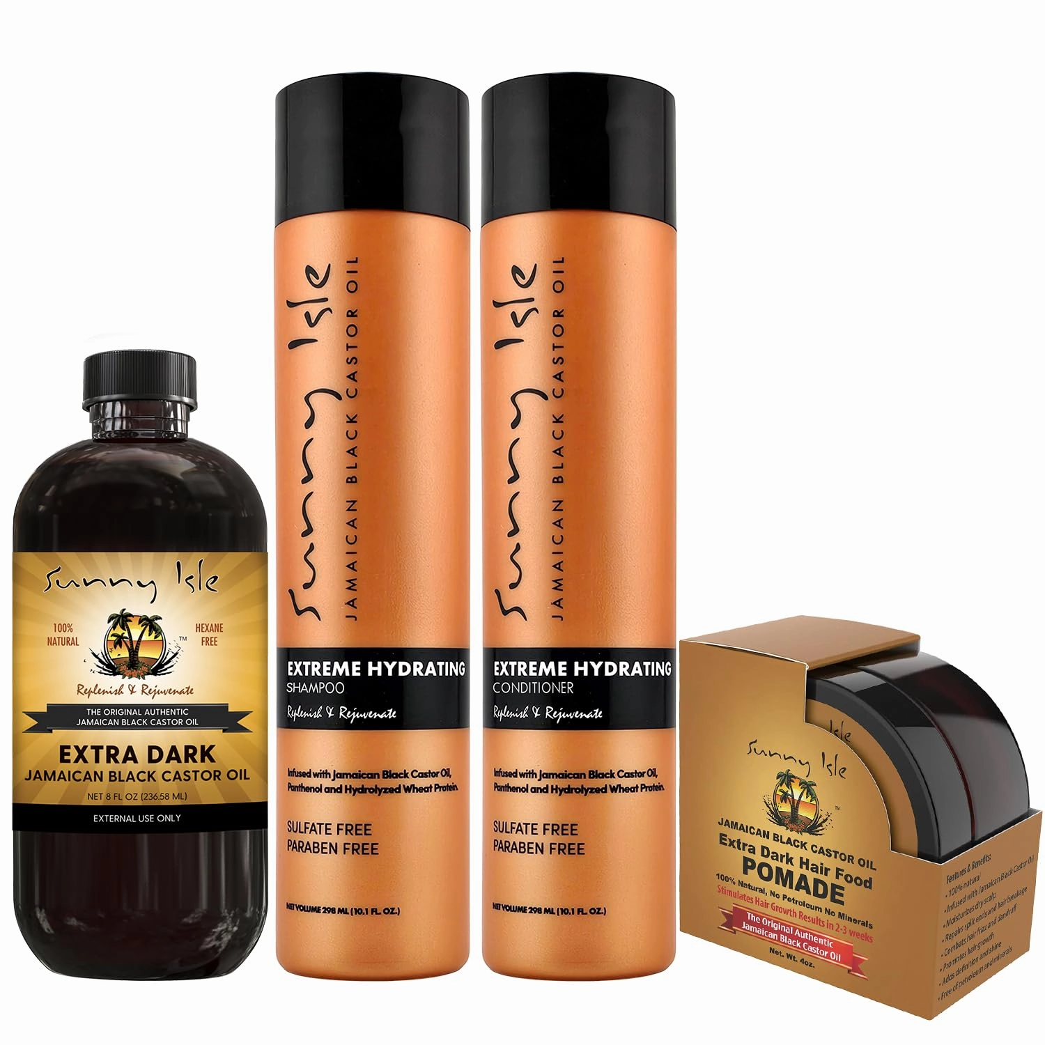 Sunny Isle Extra Dark Jamaican Black Castor Oil 8oz PET | Extreme Hydration Shampoo & Conditioner 10.1oz | Hair Food Pomade 4oz | Hair & Scalp High Potency Treatment 4-Piece Set