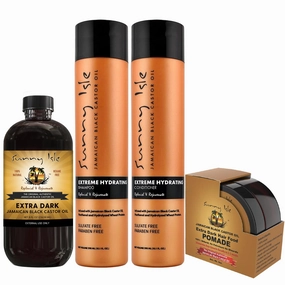 Sunny Isle Extra Dark Jamaican Black Castor Oil 8oz PET | Extreme Hydration Shampoo & Conditioner 10.1oz | Hair Food Pomade 4oz | Hair & Scalp High Potency Treatment 4-Piece Set