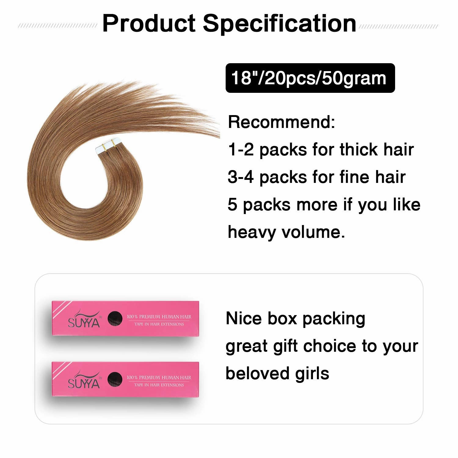 SUYYA Tape in Hair Extensions Human Hair Light Brown 18 inches 50g 20pcs Straight Seamless Skin Weft Tape in Human Hair Extensions(18 inches #8 Light Brown)