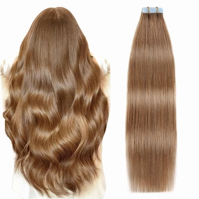 SUYYA Tape in Hair Extensions Human Hair Light Brown 18 inches 50g 20pcs Straight Seamless Skin Weft Tape in Human Hair Extensions(18 inches #8 Light Brown)