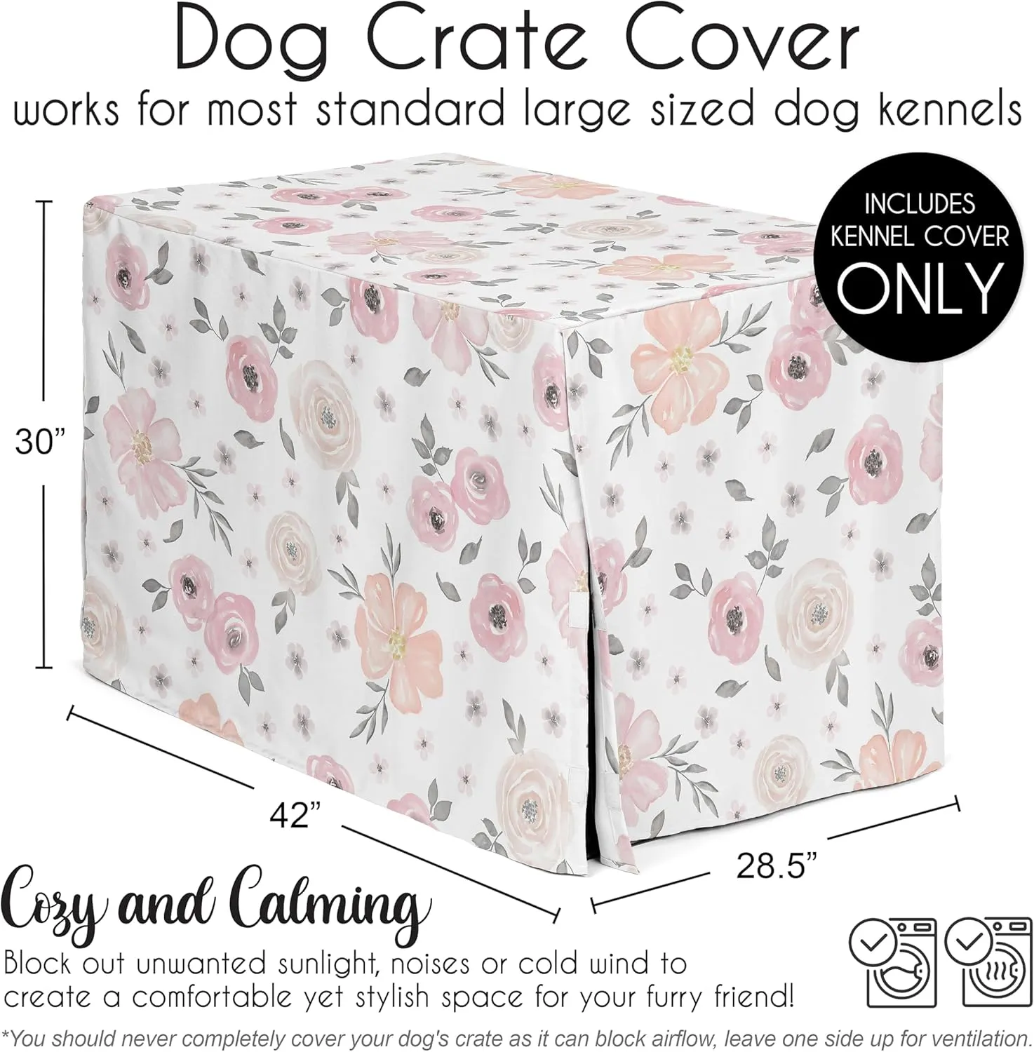 Sweet Jojo Designs 42in. Medium/Large Dog Crate Cover (Pink/Grey Boho Floral) for Girls Pet Cage, Kennel Covers (Watercolor, Flower, Elegant Rose, Shabby Chic, Farmhouse, Nature, Blush & Gray)