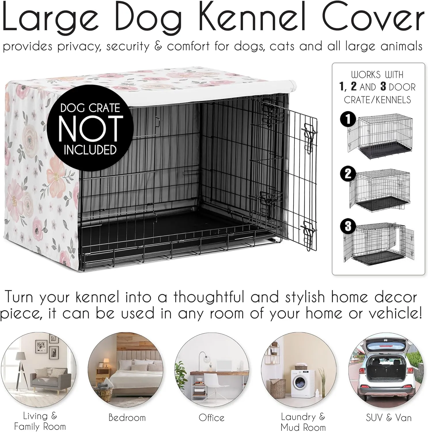 Sweet Jojo Designs 42in. Medium/Large Dog Crate Cover (Pink/Grey Boho Floral) for Girls Pet Cage, Kennel Covers (Watercolor, Flower, Elegant Rose, Shabby Chic, Farmhouse, Nature, Blush & Gray)