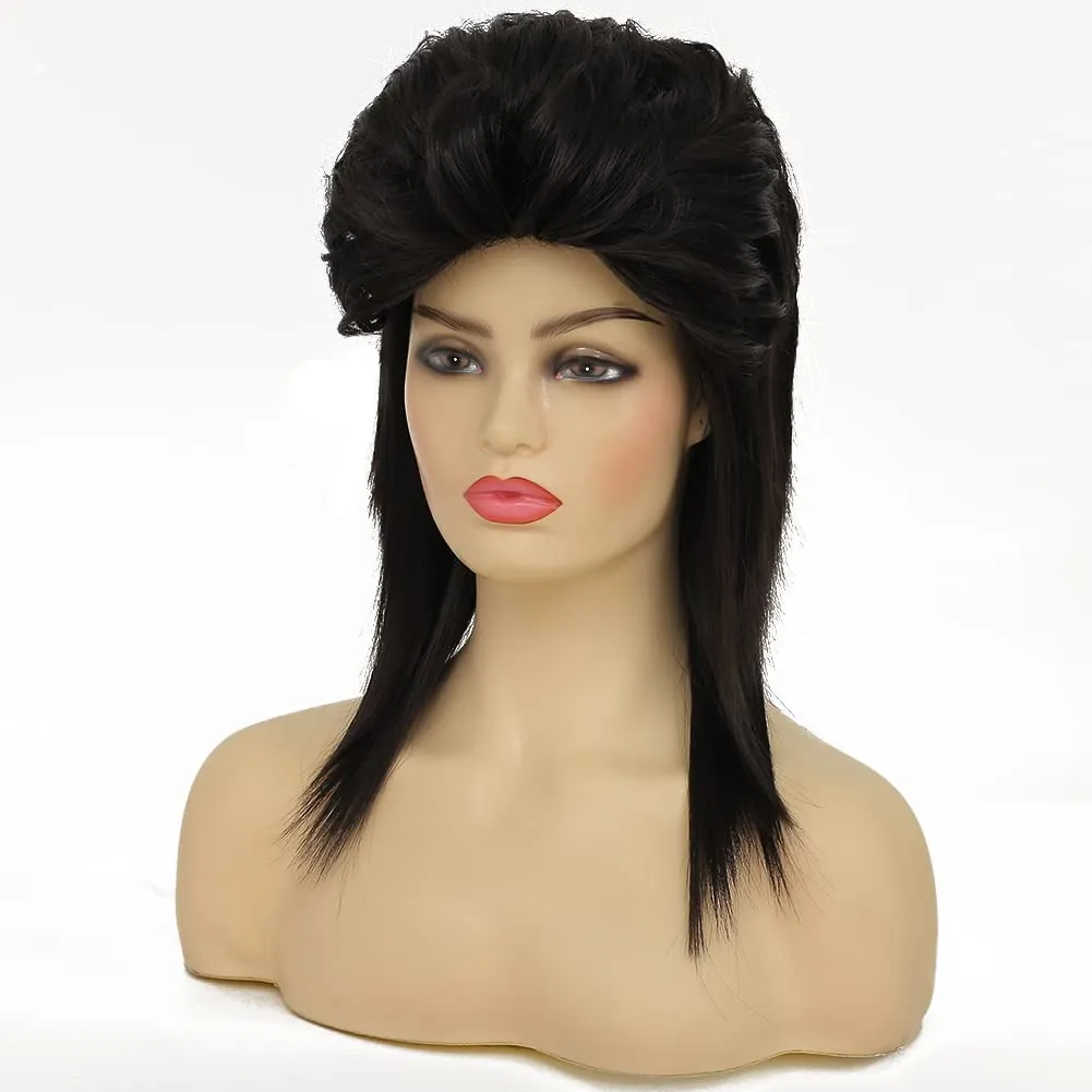 Swiking Black Mullet Wigs for Women Curly Shoulder Length Fluffy Hair 70s 80s Rocker Party Cosplay Synthetic Wigs (Black)
