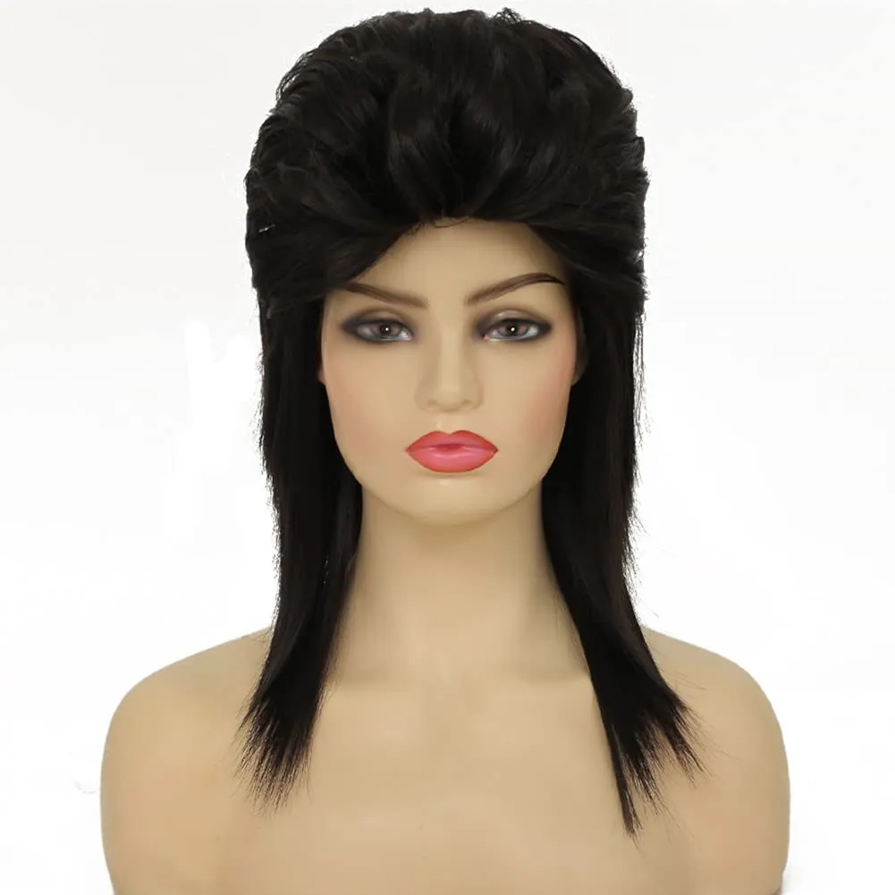 Swiking Black Mullet Wigs for Women Curly Shoulder Length Fluffy Hair 70s 80s Rocker Party Cosplay Synthetic Wigs (Black)