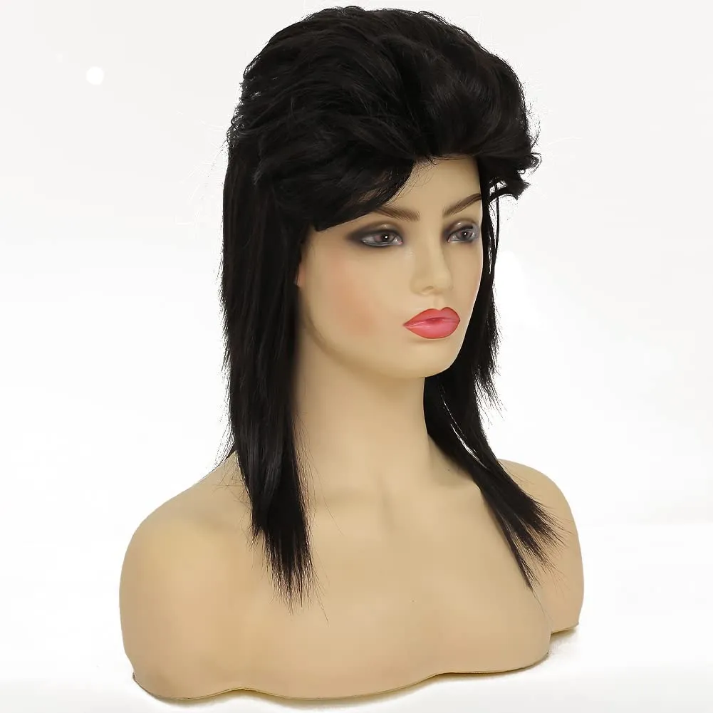 Swiking Black Mullet Wigs for Women Curly Shoulder Length Fluffy Hair 70s 80s Rocker Party Cosplay Synthetic Wigs (Black)