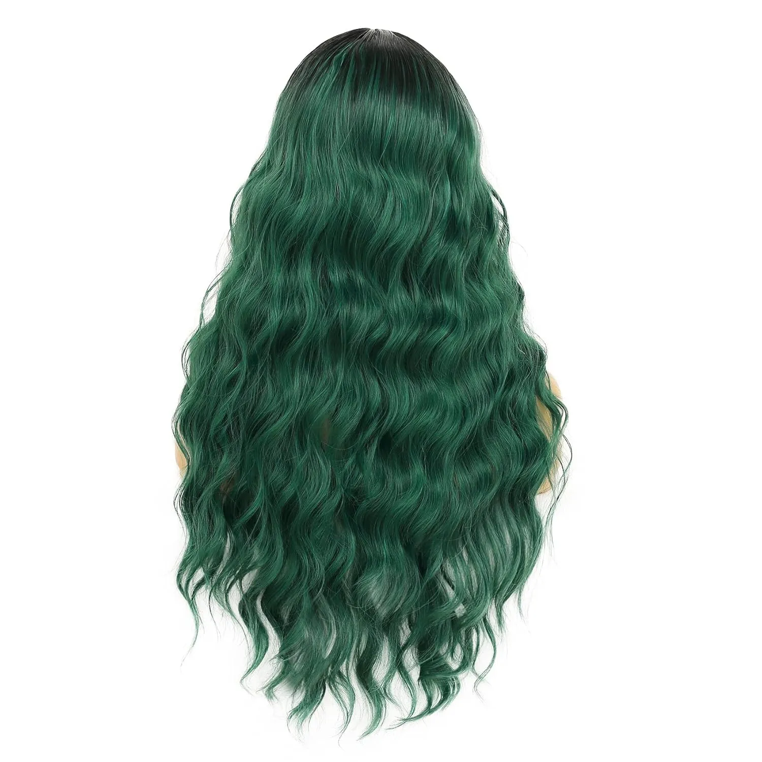 Swiking Curly Ombre Green Long Women Wigs Midele Part Synthetic Natural Wave Hair Black and Green Cosplay Costume Wigs