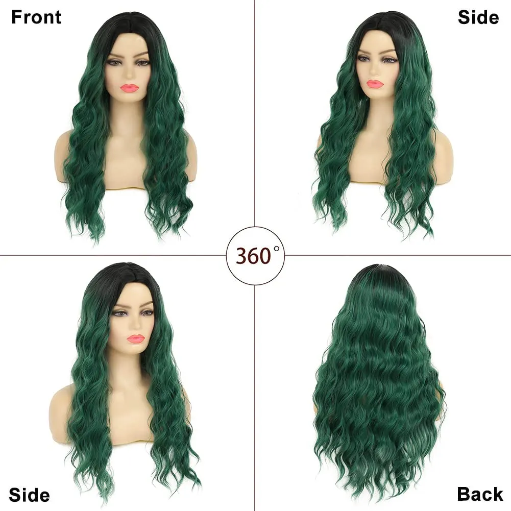 Swiking Curly Ombre Green Long Women Wigs Midele Part Synthetic Natural Wave Hair Black and Green Cosplay Costume Wigs