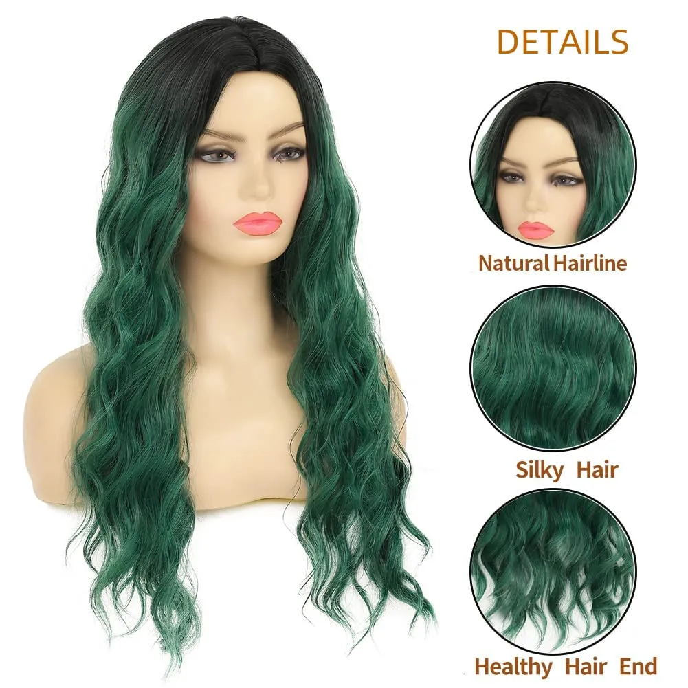 Swiking Curly Ombre Green Long Women Wigs Midele Part Synthetic Natural Wave Hair Black and Green Cosplay Costume Wigs