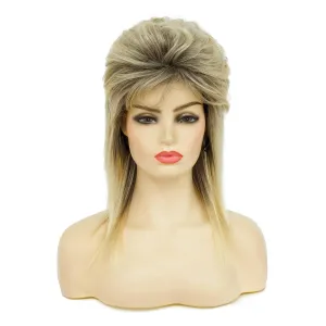 Swiking Mullet Wigs for Women Blonde Curly Soft Heat Resistant Shoulder Length Hair 80s Rocker Cosplay Dark Roots Synthetic Wigs (Blonde Mix Black)