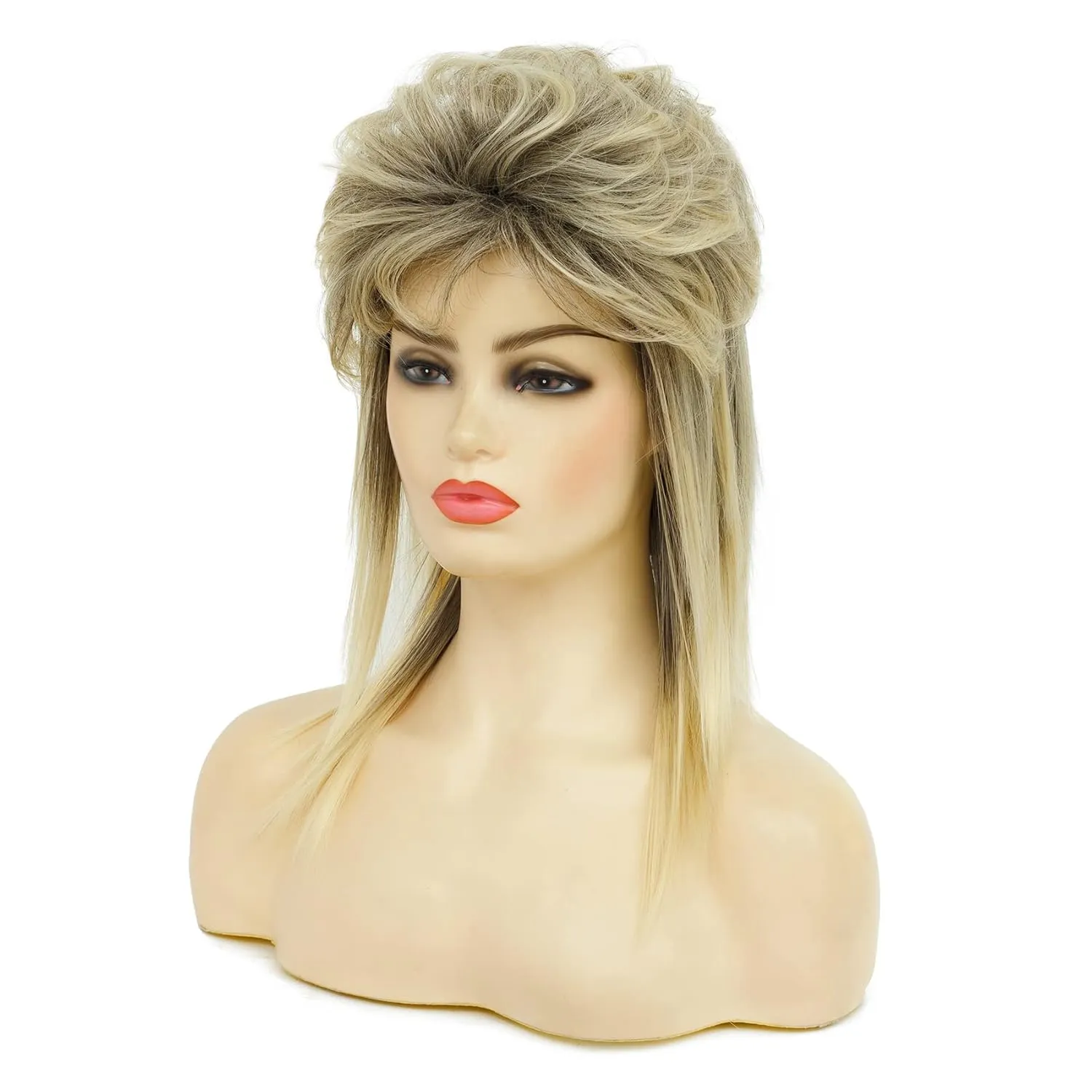 Swiking Mullet Wigs for Women Blonde Curly Soft Heat Resistant Shoulder Length Hair 80s Rocker Cosplay Dark Roots Synthetic Wigs (Blonde Mix Black)