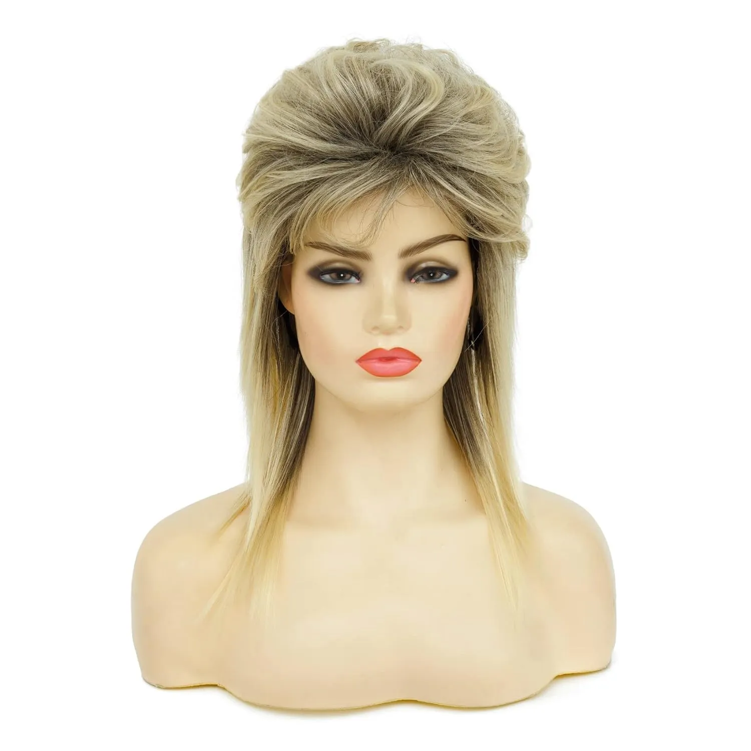Swiking Mullet Wigs for Women Blonde Curly Soft Heat Resistant Shoulder Length Hair 80s Rocker Cosplay Dark Roots Synthetic Wigs (Blonde Mix Black)