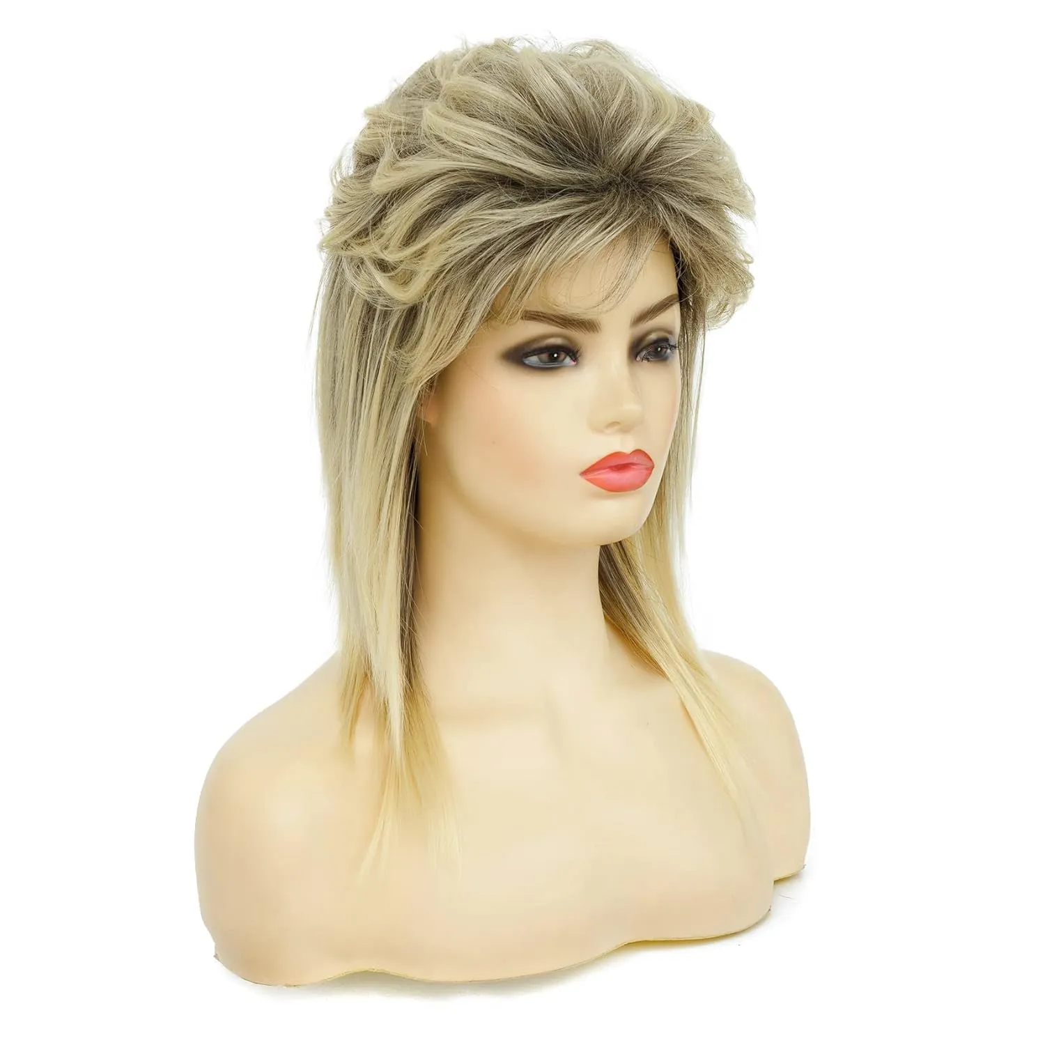 Swiking Mullet Wigs for Women Blonde Curly Soft Heat Resistant Shoulder Length Hair 80s Rocker Cosplay Dark Roots Synthetic Wigs (Blonde Mix Black)