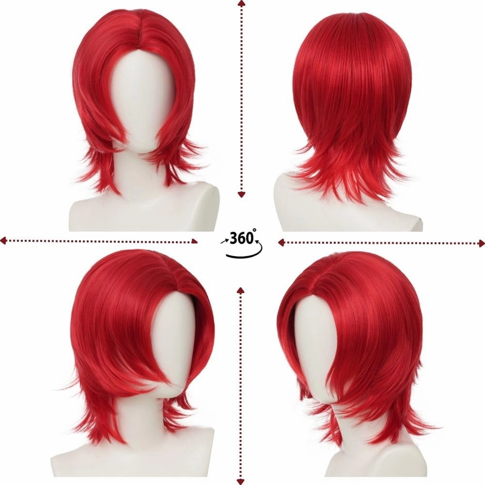 Swiking Red Mens Wig Short Curly Anime Shanks Synthetic Cosplay Costume Hair Wig(Unisex