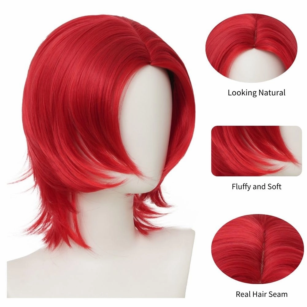 Swiking Red Mens Wig Short Curly Anime Shanks Synthetic Cosplay Costume Hair Wig(Unisex