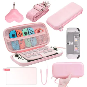 Switch OLED Travel Case Pink, Switch OLED Pink Case and Switch OLED Protective Case Clear and Switch OLED Tempered Glass Screen Protector - Pink
