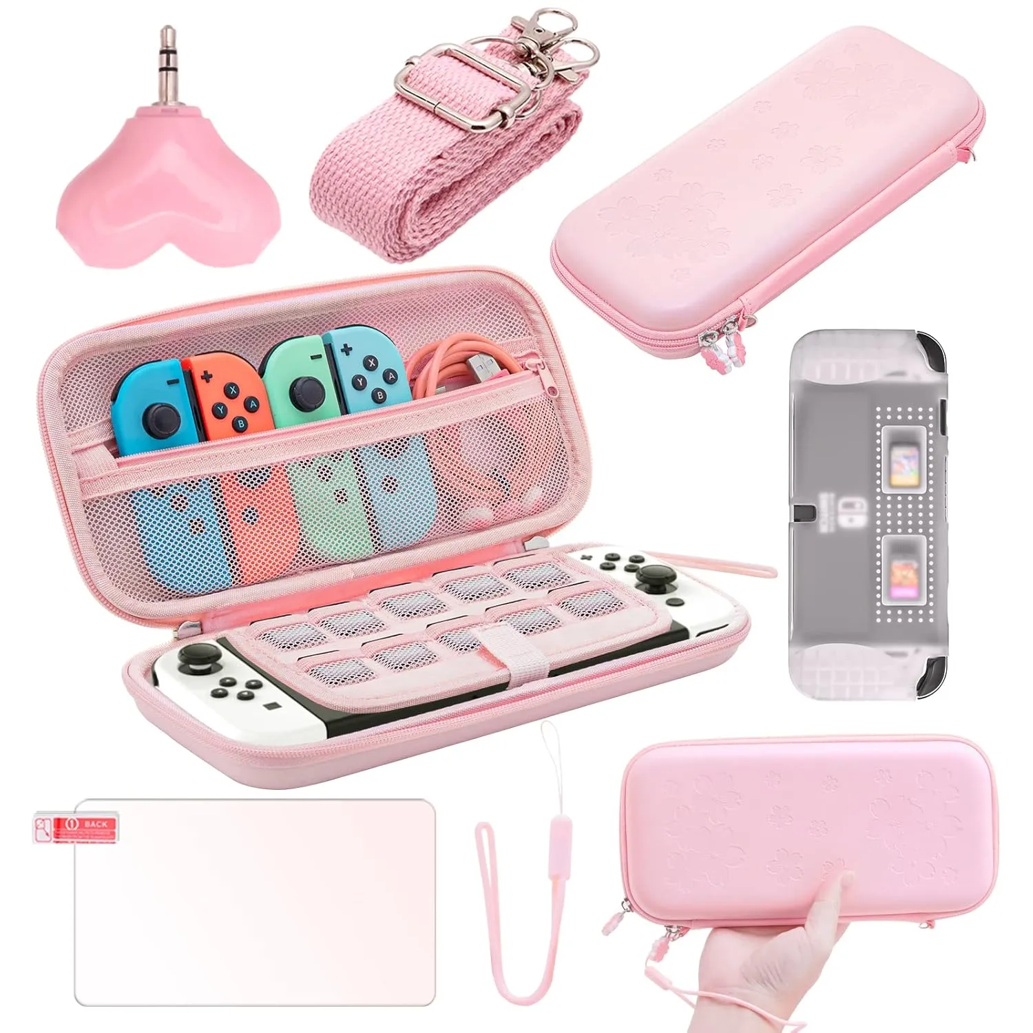 Switch OLED Travel Case Pink, Switch OLED Pink Case and Switch OLED Protective Case Clear and Switch OLED Tempered Glass Screen Protector - Pink