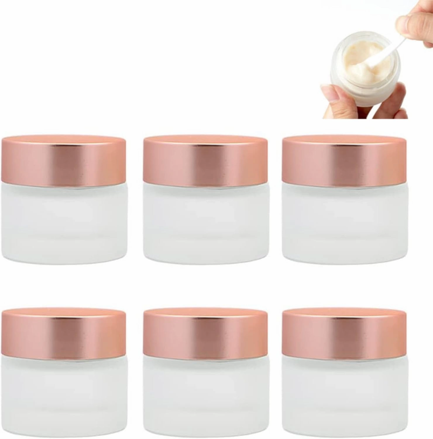 Sxminer 6 Pack 2 oz Empty Glass Jars Frosted Glass Cream Jar Bottle with Rose Gold Lids 60ml Refillable Cosmetic Containers Travel Storage Container Makeup Jars Pot for Cream Lotion Lip Balm Eyeshadow