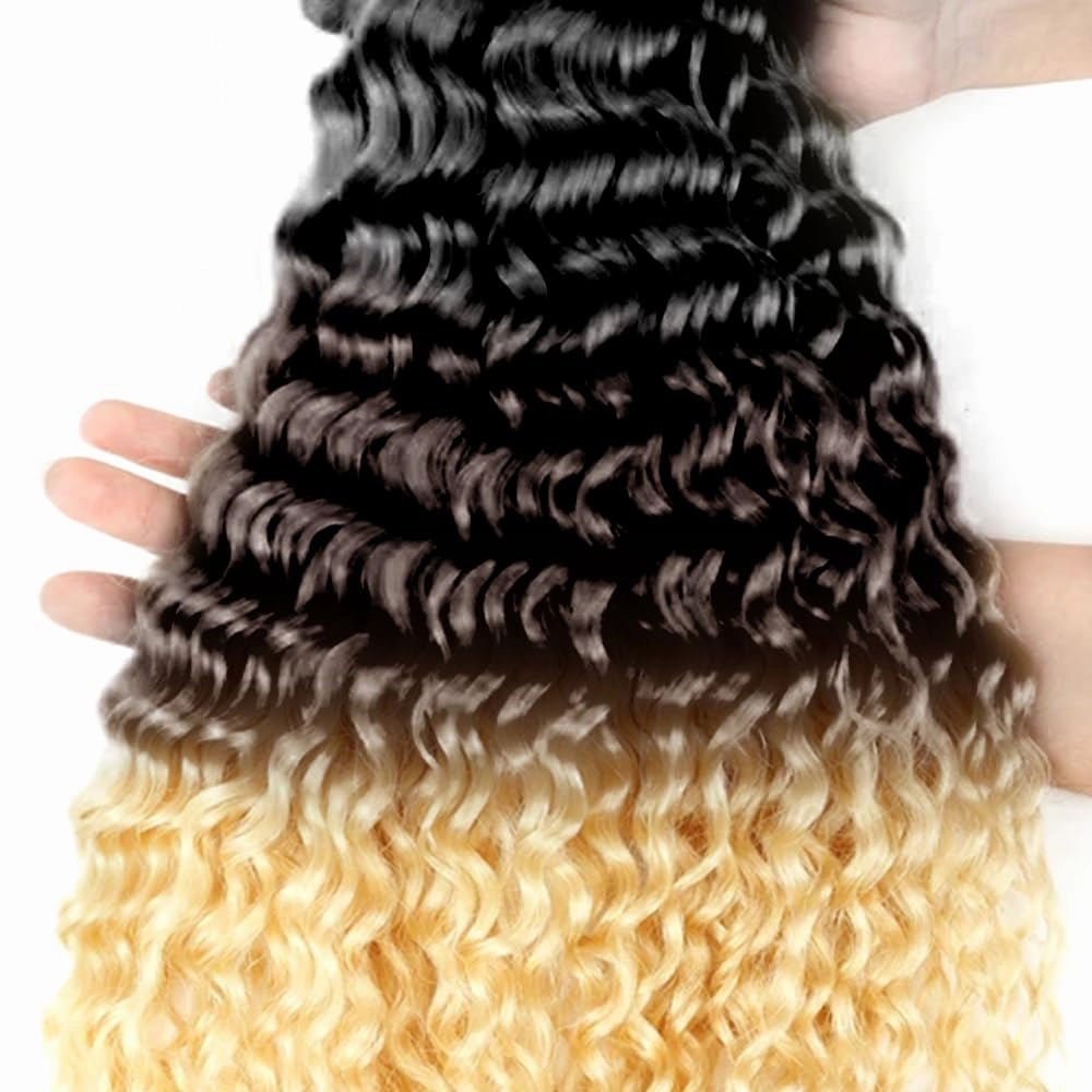 T1B/4/613 Ombre Brown Human Hair Bundles - Water Wave 613 - 10 Inch 3 Bundles - Three Tone Brown and Blonde #4