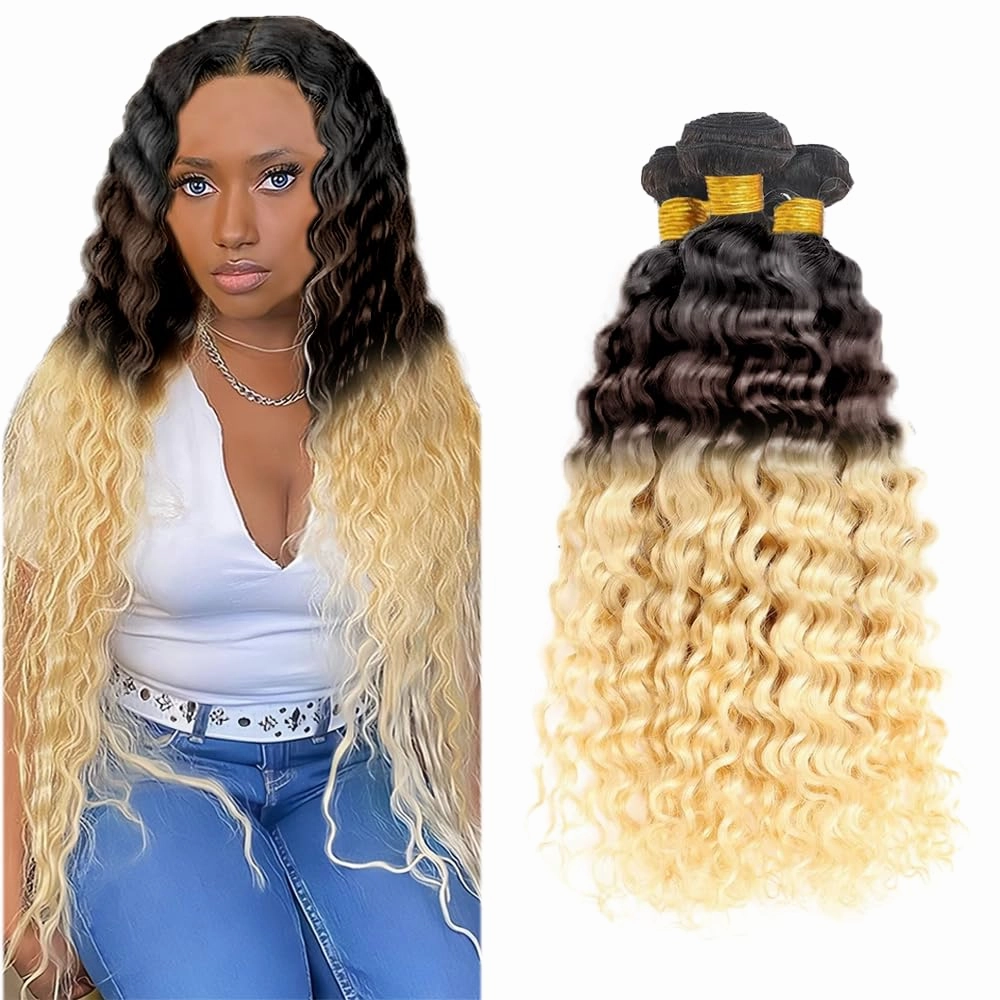 T1B/4/613 Ombre Brown Human Hair Bundles - Water Wave 613 - 10 Inch 3 Bundles - Three Tone Brown and Blonde #4