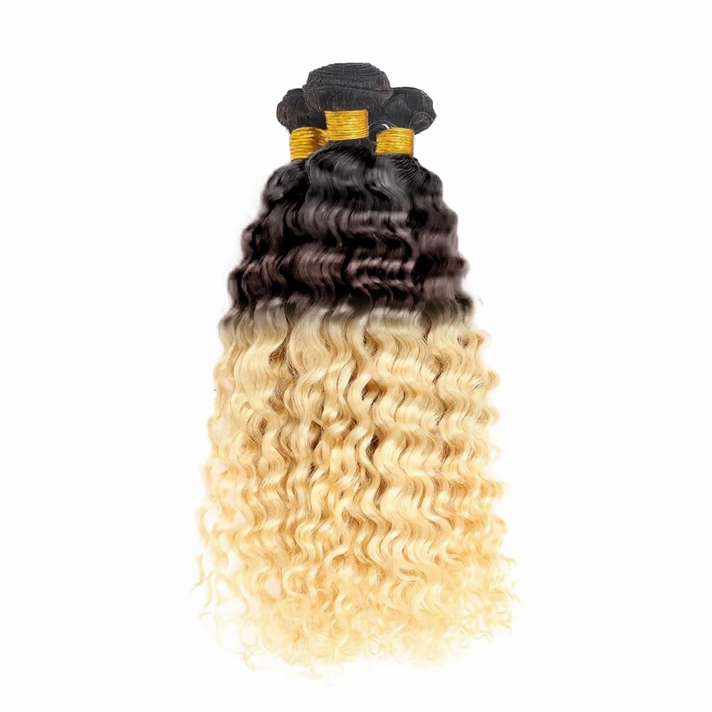 T1B/4/613 Ombre Brown Human Hair Bundles - Water Wave 613 - 10 Inch 3 Bundles - Three Tone Brown and Blonde #4