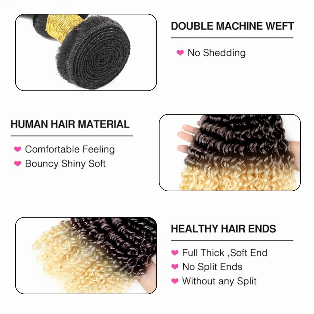T1B/4/613 Ombre Brown Human Hair Bundles - Water Wave 613 - 10 Inch 3 Bundles - Three Tone Brown and Blonde #4