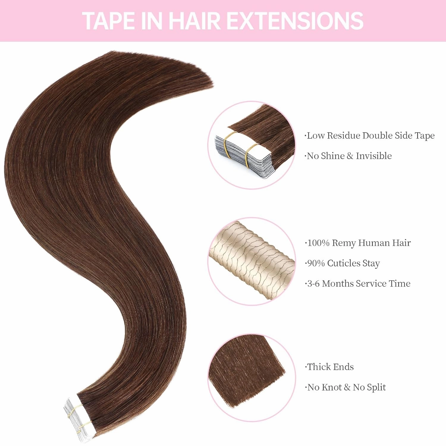 Tape in Hair Extensions Human Hair Medium Brown,#4 Chocolate Brown Human Hair Extensions,22 inch 20 Pcs 50g Seamless Invisible Straight Silky Tape ins