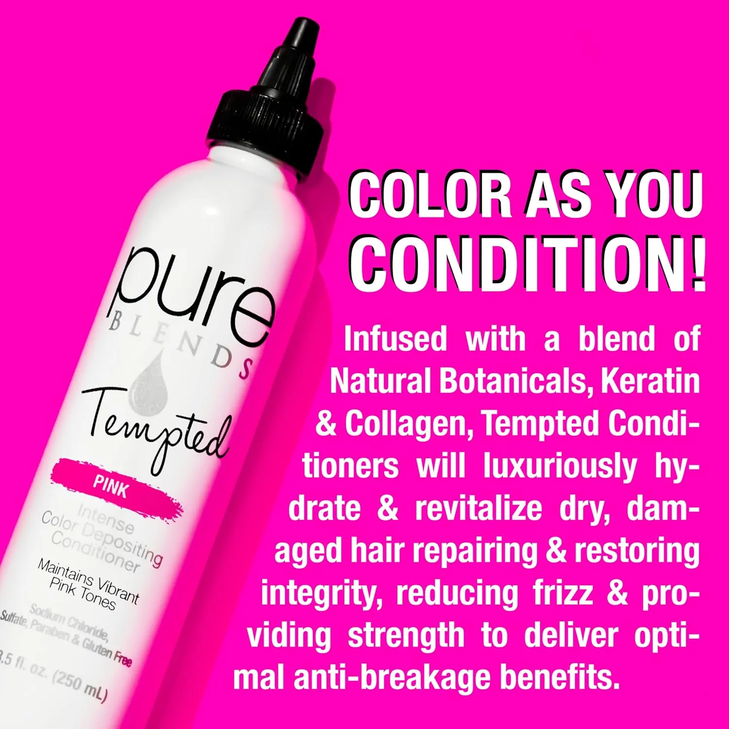 Tempted Pink Intense Color Depositing Conditioner - Brighten and Tone Faded Hair with Semi-Permanent , Prevents Fade, Extends Vibrant Tones for Dyed Hair, 8.5 Oz.