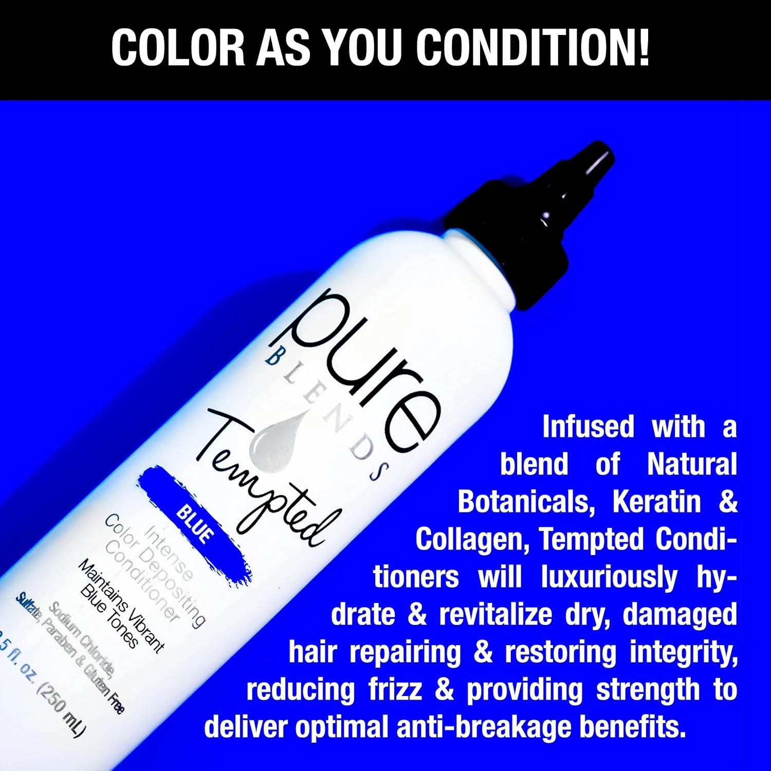 Tempted Blue Intense Color Depositing Conditioner - Brighten & Tone Faded Hair, Semi-Permanent Dye Prevents Fade, Extends Vibrant Tones for Dyed Hair, 8.5 Oz