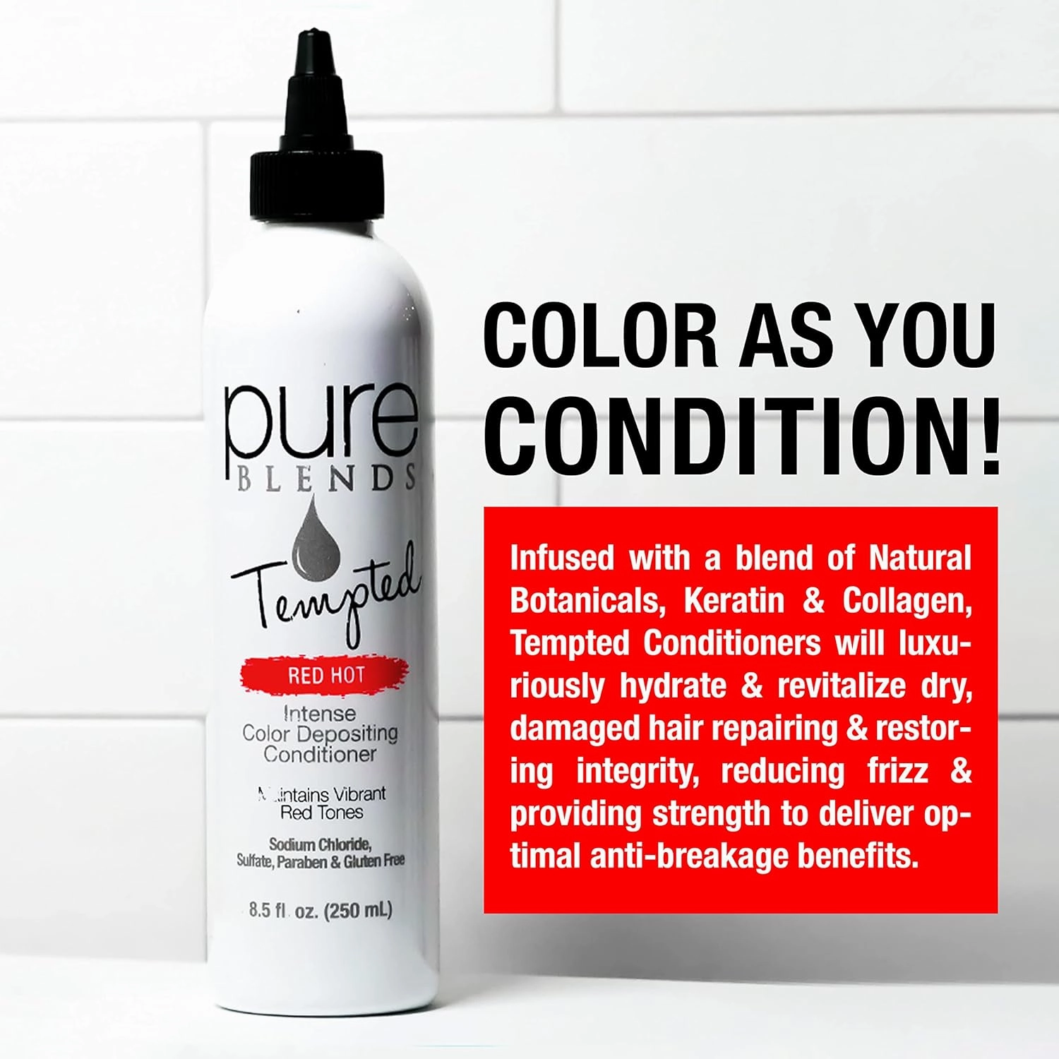 Tempted Intense Color Depositing Conditioner - Provides Strength, Eliminates Color Fade & Maintains Vivid Tones - Sulfate, Sodium Chloride, Paraben & Gluten Free - 8.5 Oz (Red Hot)