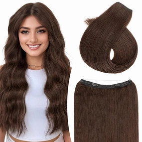 TESS Human Hair Halo Extensions 100% Remy Hair 12 Inch Straight Adjustable Invisible Wire Easy to Use Clip in, Dark Brown