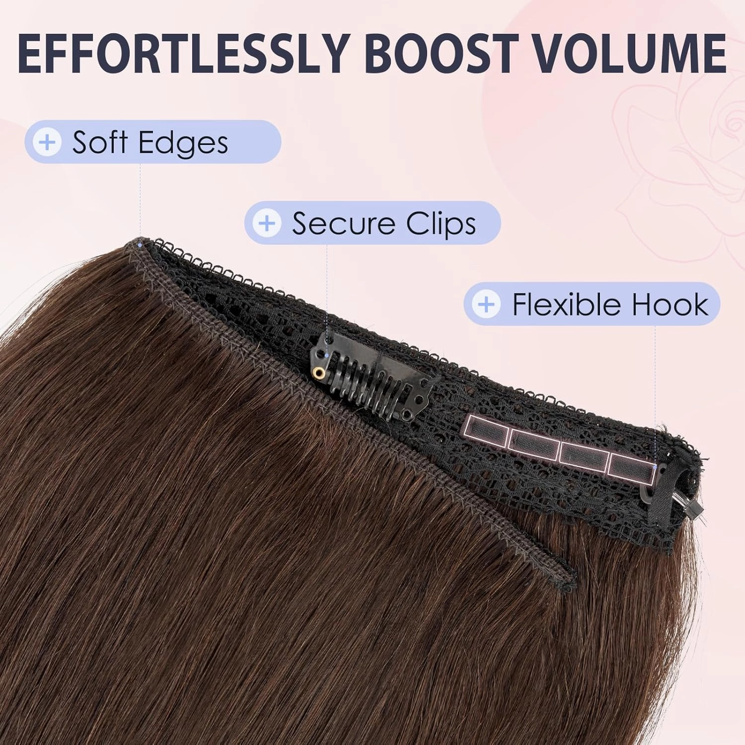 TESS Human Hair Halo Extensions 100% Remy Hair 12 Inch Straight Adjustable Invisible Wire Easy to Use Clip in, Dark Brown