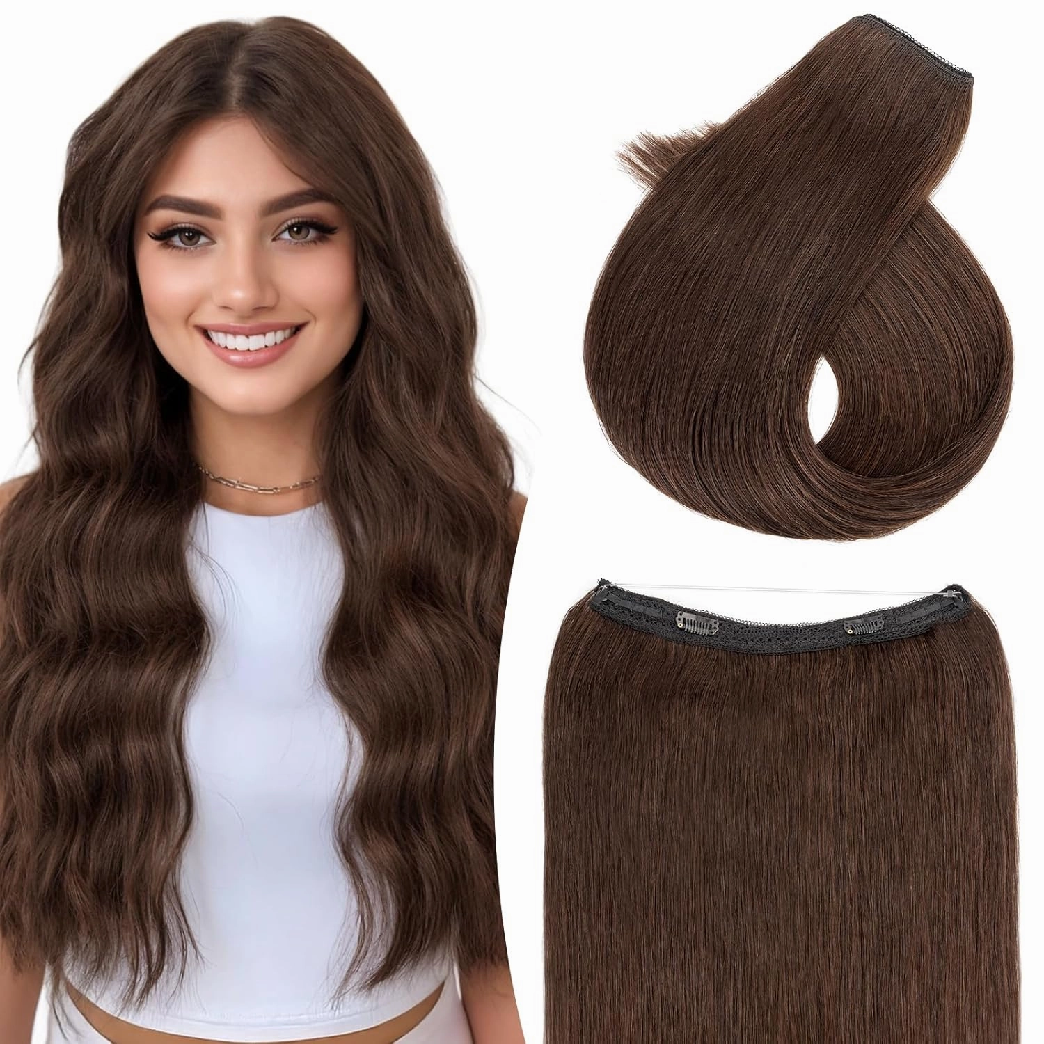 TESS Human Hair Halo Extensions 100% Remy Hair 12 Inch Straight Adjustable Invisible Wire Easy to Use Clip in, Dark Brown