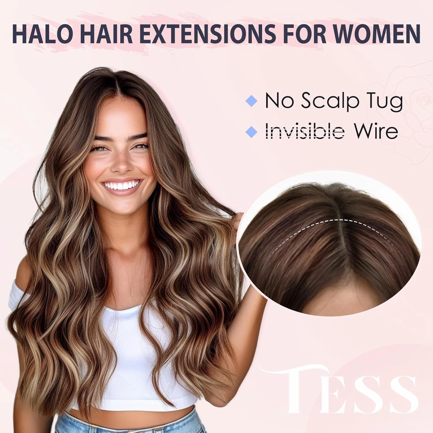 TESS Human Hair Halo Extensions 100% Remy Hair 12 Inch Straight Adjustable Invisible Wire Easy to Use Clip in, Dark Brown