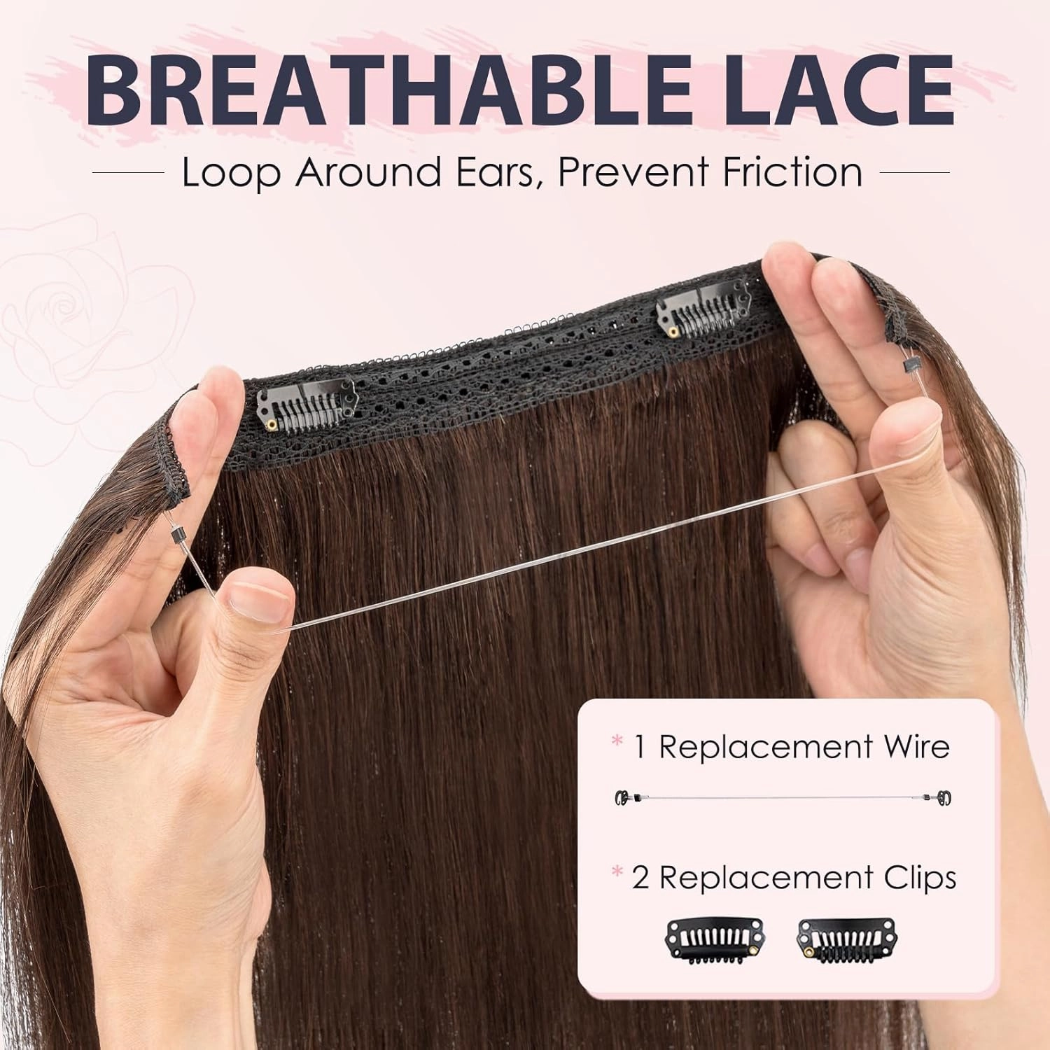 TESS Human Hair Halo Extensions 100% Remy Hair 12 Inch Straight Adjustable Invisible Wire Easy to Use Clip in, Dark Brown