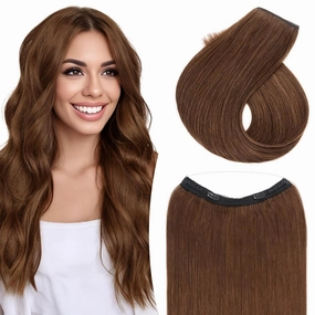 TESS Human Hair Halo Extensions 100% Remy Hair 14 Inch Straight Adjustable Invisible Wire Easy to Use Clip in, Chocolate Brown