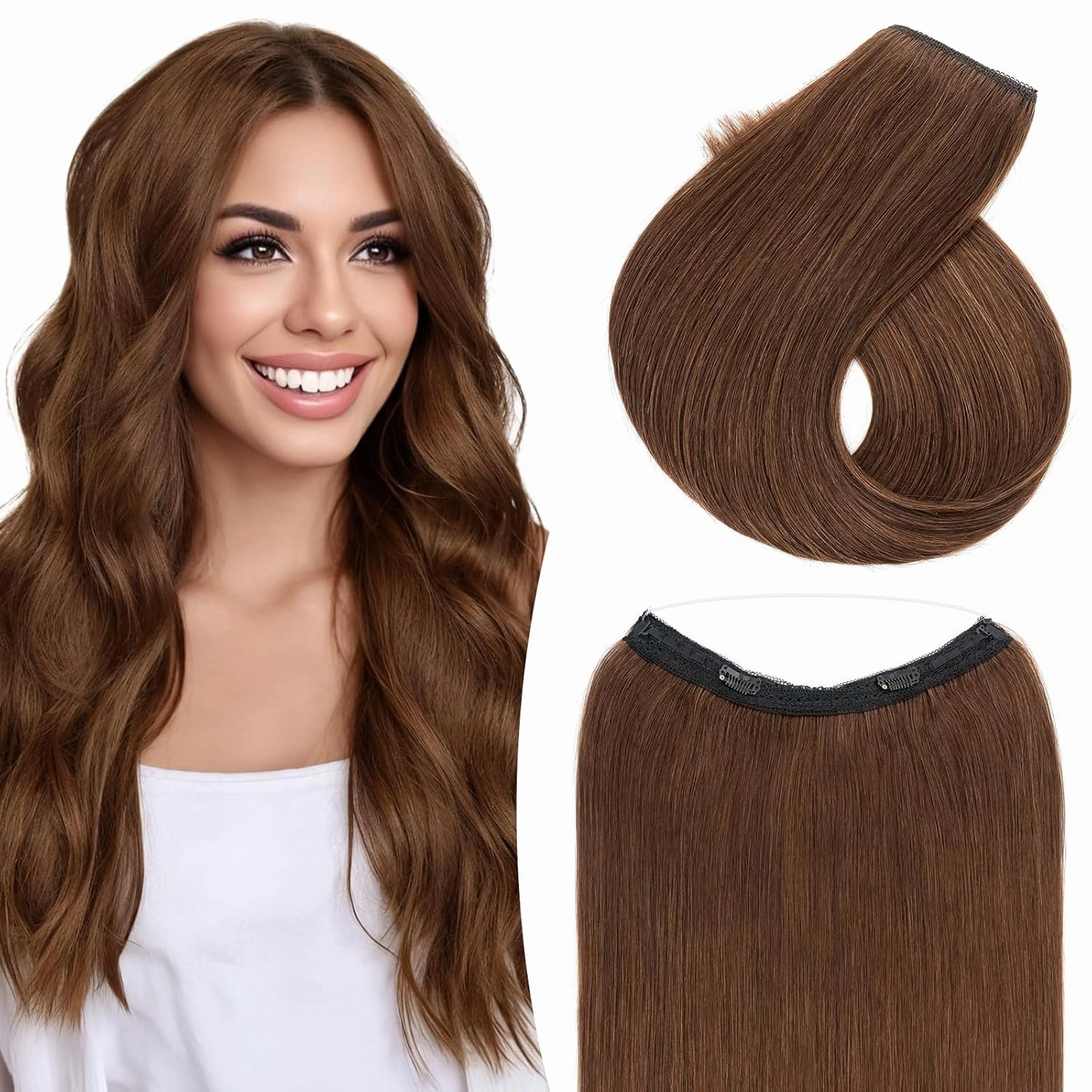 TESS Human Hair Halo Extensions 100% Remy Hair 14 Inch Straight Adjustable Invisible Wire Easy to Use Clip in, Chocolate Brown