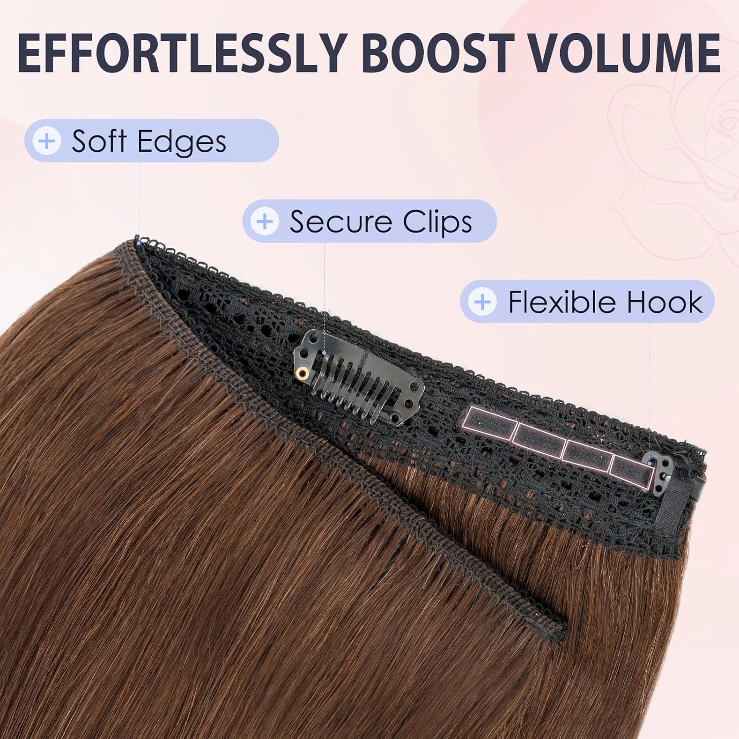 TESS Human Hair Halo Extensions 100% Remy Hair 14 Inch Straight Adjustable Invisible Wire Easy to Use Clip in, Chocolate Brown