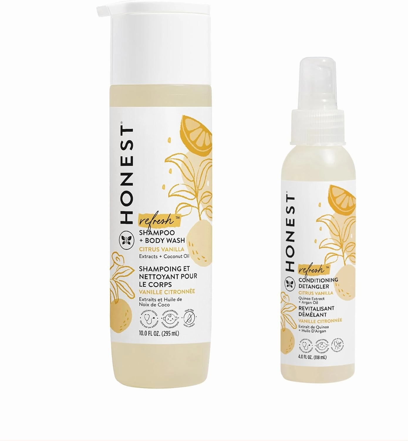 The Honest Company Citrus Vanilla 2-in-1 Cleansing Shampoo   Body Wash   Conditioning Detangler Bundle | Naturally Derived, Tear Free, Hypoallergenic | 10 fl oz, 4 fl oz