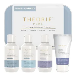 THEORIE PURE Travel Size Toiletries Set - Hypoallergenic Shampoo, Conditioner, Body Wash & Body Scrub - Fragrance-Free, No Sulfates or Parabens - Clean Beauty Essentials for Hair & Skin