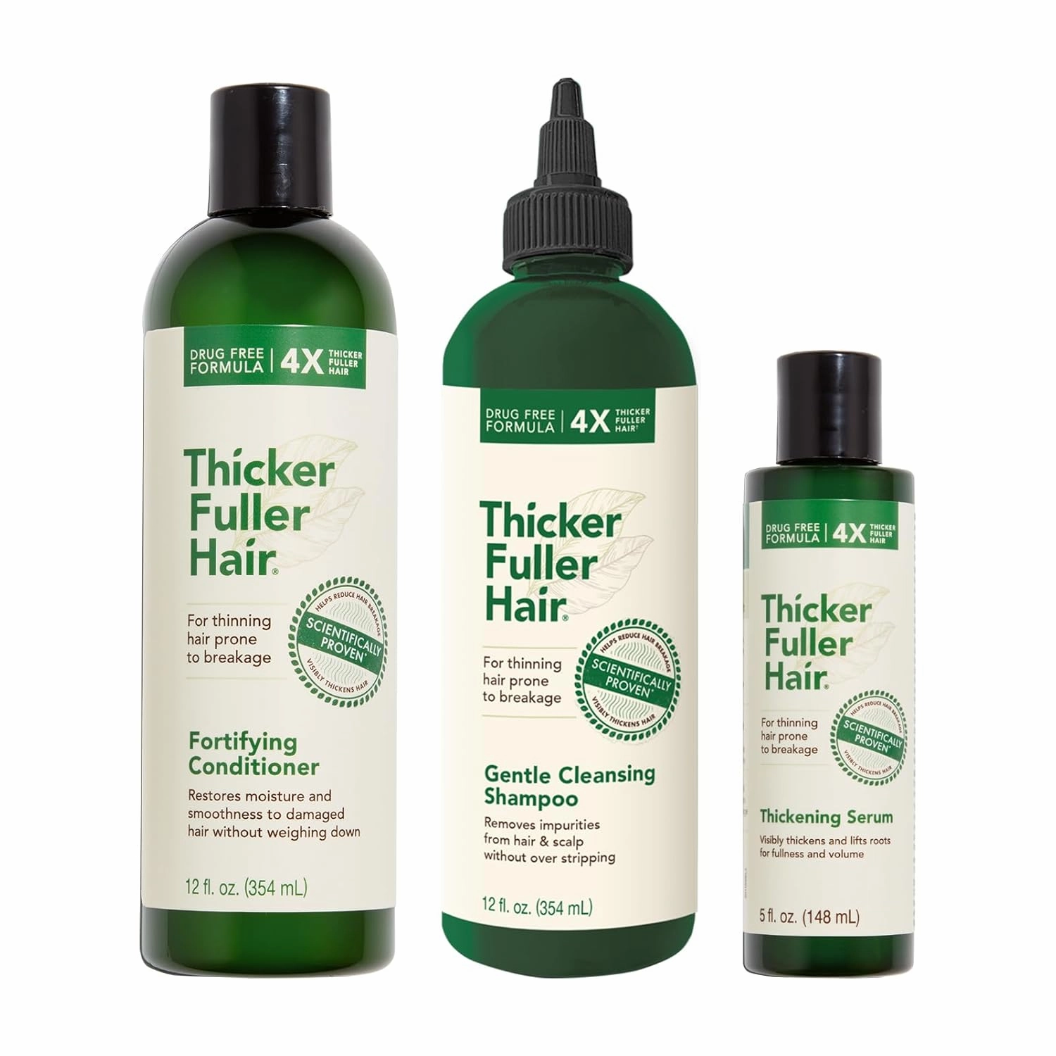 Thicker Fuller Hair Set - Cleansing Shampoo - Fortifying Conditioner - Root Boosting Leave-In Treatment - Clarifying, Cleaning Formula - Hair Smoothing - Natural Volume Builder - 3 pc