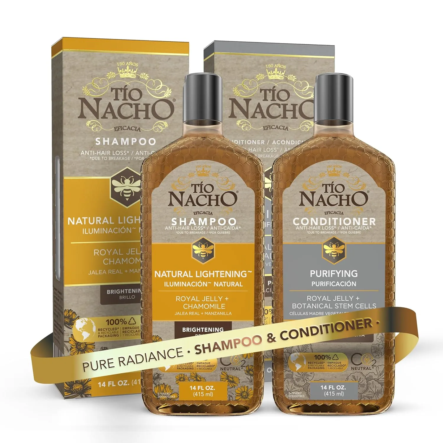 Tio Nacho Shampoo & Conditioner Set - Natural Lightening Shampoo with Royal Jelly & Chamomile   Purifying Conditioner with Botanical Stem Cells, Enhances Volume & Shine, 14 oz Each