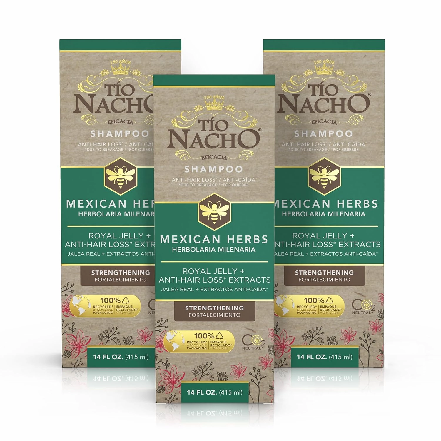 Tio Nacho Mexican Herbs Shampoo, Strengthening Hair Care with Royal Jelly, Ginseng, Wheat and Jojoba Oil, Honey Scented, 14 Fl Oz (Pack of 3)
