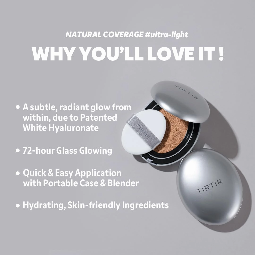 TIRTIR Mask Fit Aura Silver Cushion Foundation | Semi-glow Finish, Natural Coverage, Moisturizing, Lightweight, Korean cushion foundation (#24N Latte, Full Size, 0.63 Fl Oz)