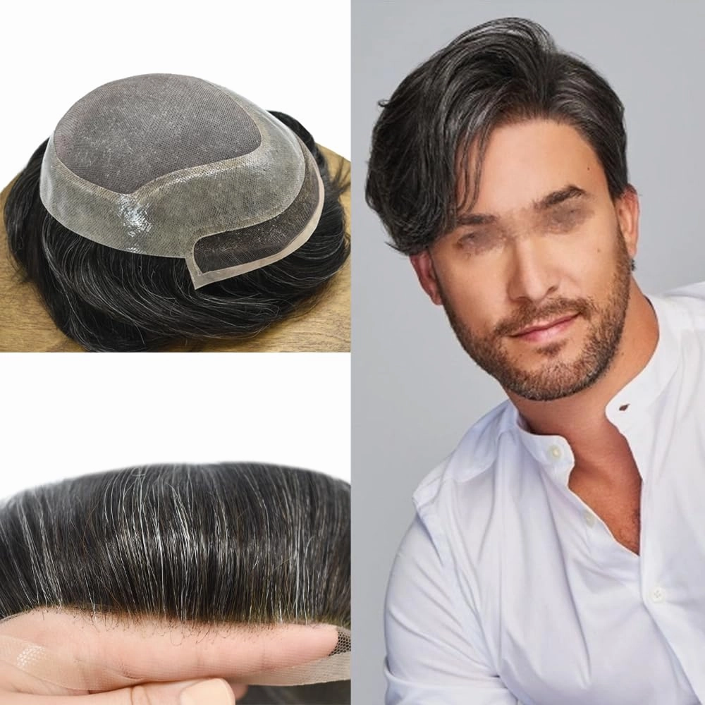 Toupee For Men Hair Pieces Real Human Hair Fine Mono Hair Replacement System Mens Toupee Hairpiece For Men Para Protesis Capilar 7x9 Medium light density #1B20 1B# OFF BLACK 20% GREY