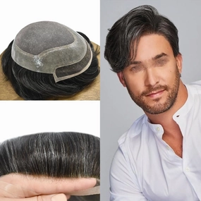 Toupee For Men Hair Pieces Real Human Hair Fine Mono Hair Replacement System Mens Toupee Hairpiece For Men Para Protesis Capilar 7x9 Medium light density #1B20 1B# OFF BLACK 20% GREY