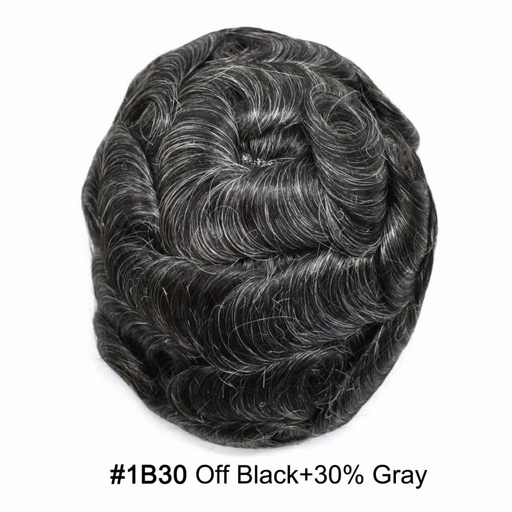 Toupee For Men Hair Pieces Real Human Hair Fine Mono Hair Replacement System Mens Toupee Hairpiece For Men Para Protesis Capilar 7x9 Medium light density #1B30 1B# OFF BLACK 30% GREY