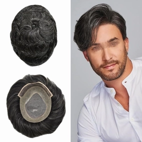 Toupee For Men Hair Pieces Real Human Hair Fine Mono Hair Replacement System Mens Toupee Hairpiece For Men Para Protesis Capilar 7x9 Medium light density #1B30 1B# OFF BLACK 30% GREY