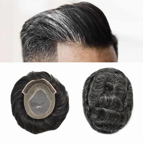 Toupee For Men Hair Pieces Real Human Hair Fine Mono Hair Replacement System Mens Toupee Hairpiece For Men Para Protesis Capilar 7x9 Medium light density #1B40 1B# OFF BLACK 40% GREY